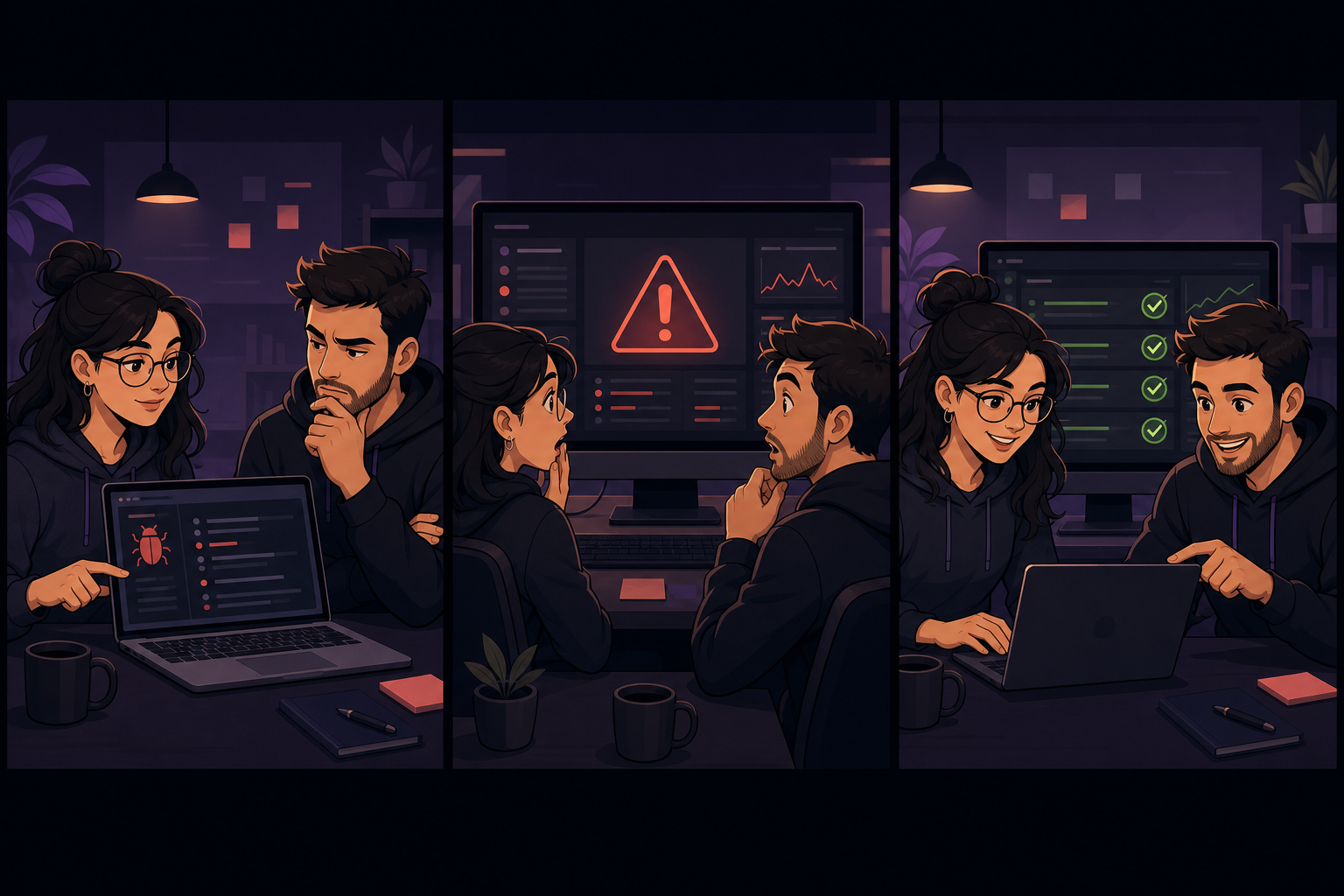 Three-panel illustration of a QA engineer and software engineer finding a defect, seeing a production alert, and debugging together.