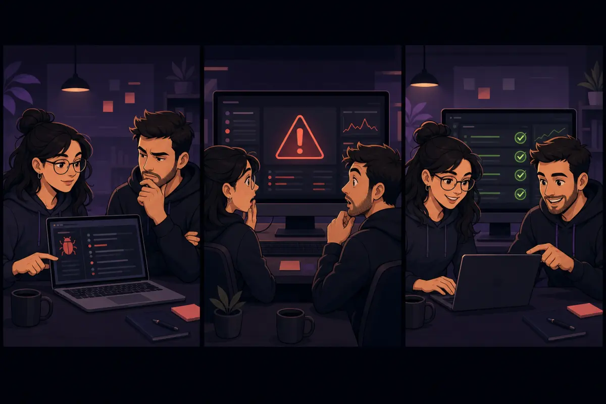 Three-panel illustration of a QA engineer and software engineer finding a defect, seeing a production alert, and debugging together.