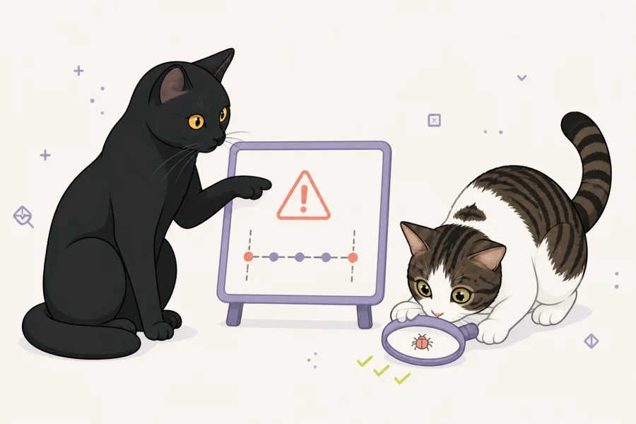 Satan and Asteroid, the qa.cafe cats, examine test evidence together.